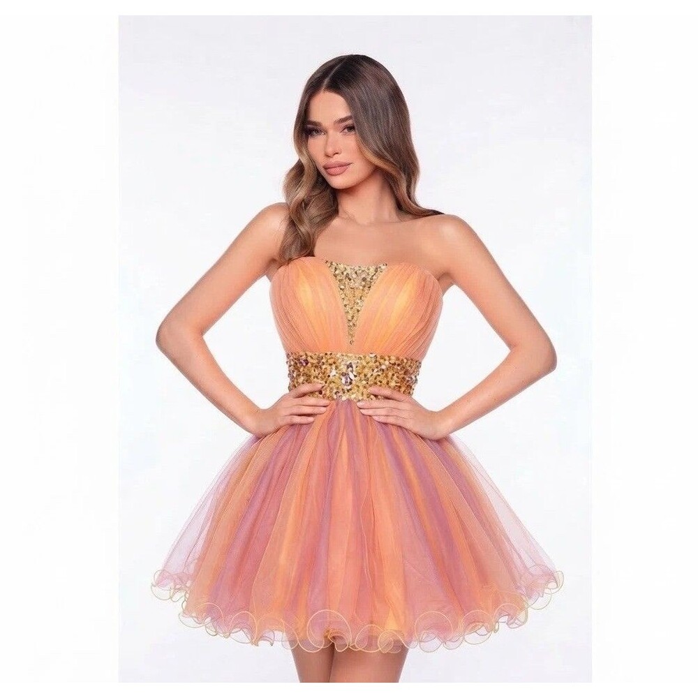 May Queen Couture Orange & Pink Tulle Rhinestone Homecoming Dress Size 6 prom